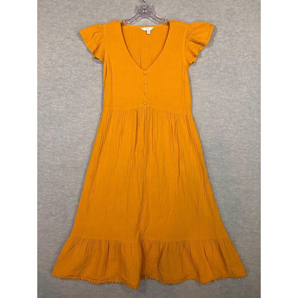 Time and Tru Womens Yellow Cotton Gauze Flutter Sleeve Pom Pom Midi Dress Small